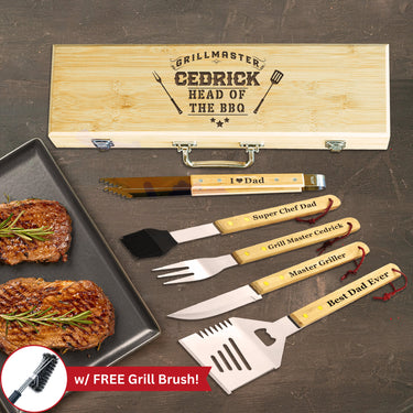 Personalized 5-Piece Grillmaster Gift Set for Dad: Custom BBQ Tools with Free Grill Brush